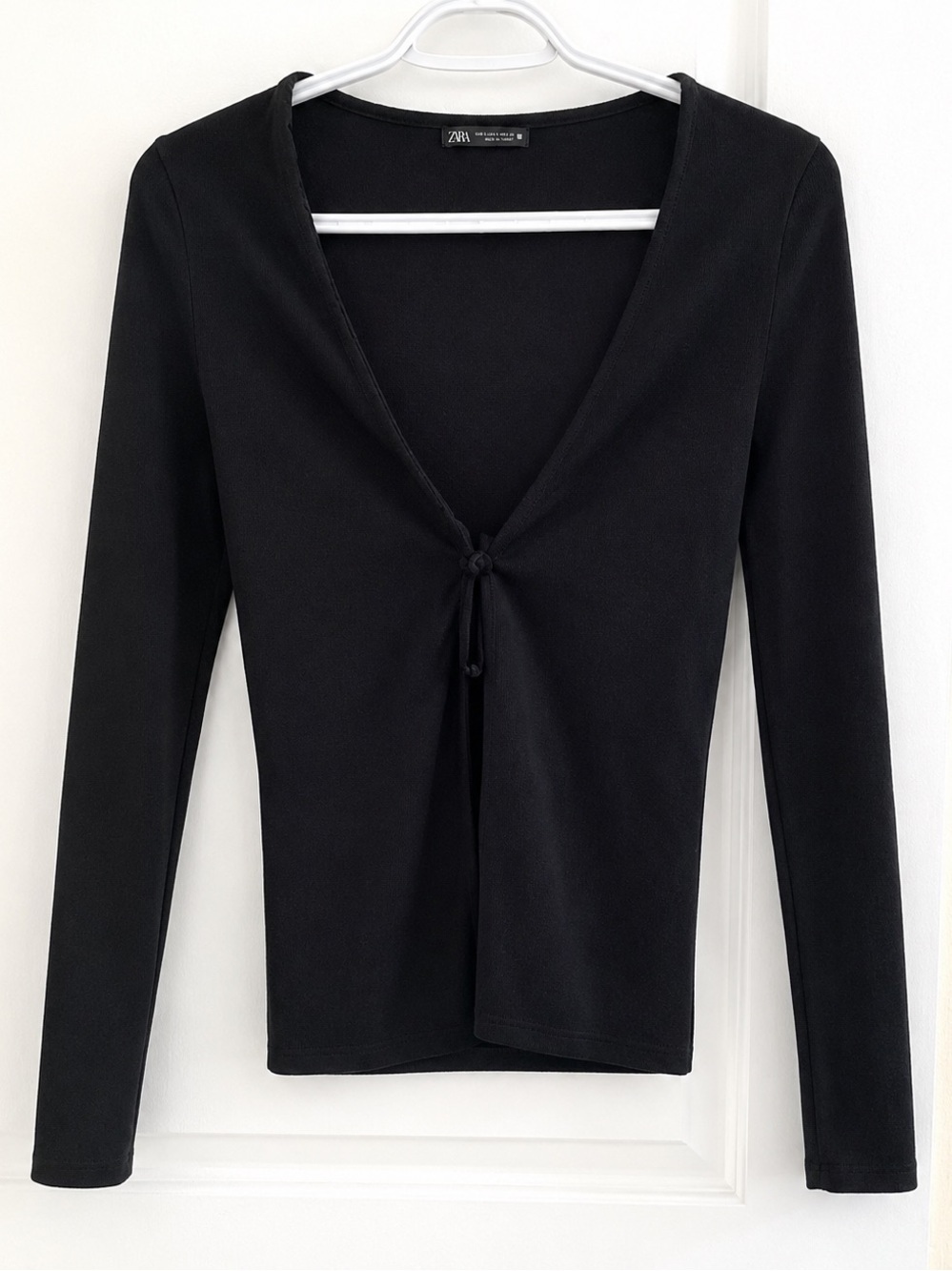 Zara Black Tie Front Knit Top Long Sleeve Size Small